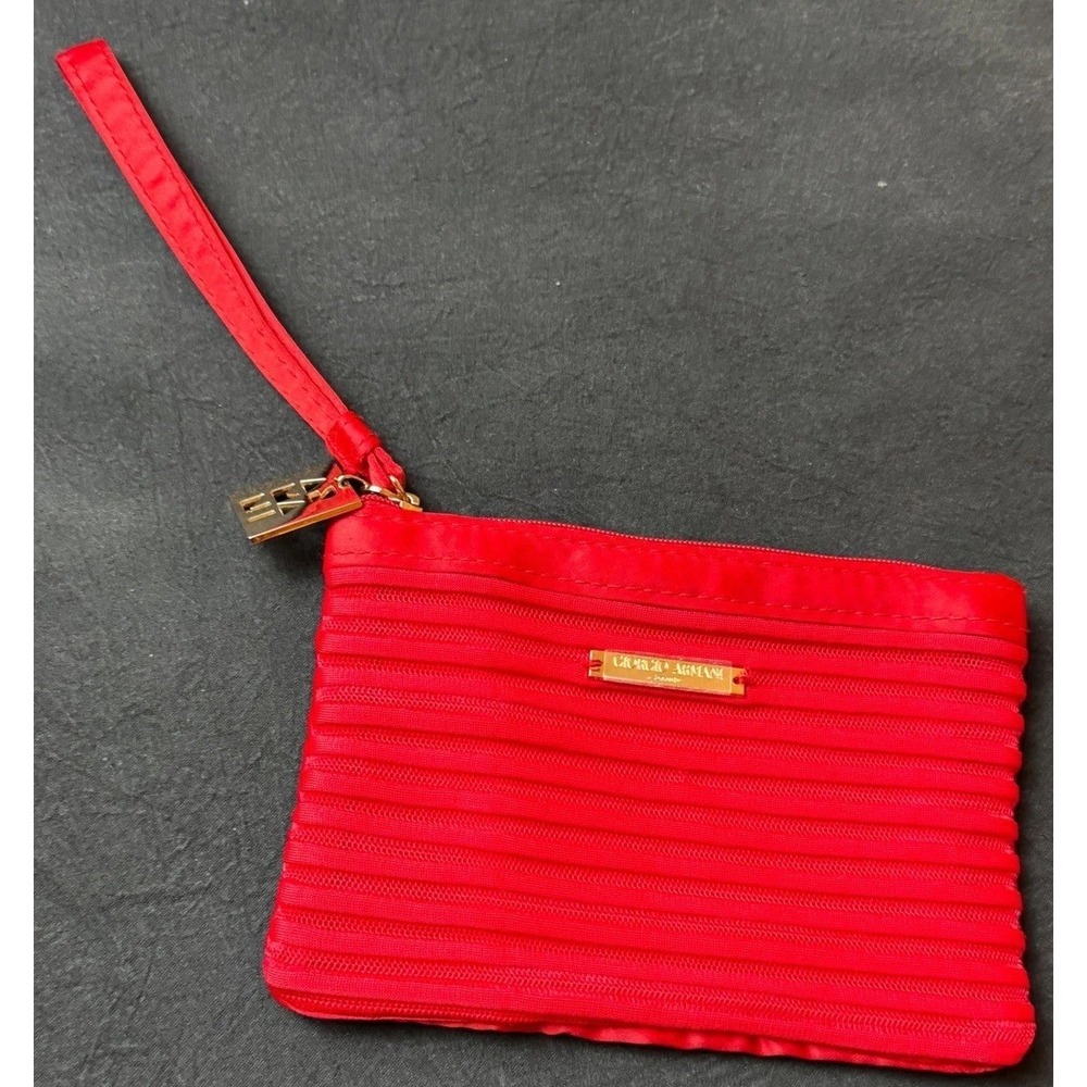 Giorgio Armani Beauty Red Wristlet Pouch Small Makeup Cosmetic Bag Gold Logo GA
